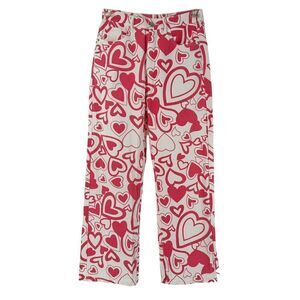 Heart Print Jeans High Rise Wide Straight Leg Pink Valentines Love Size M Shein